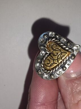 Chico's Vintave Gold and Silver Heart Accent Ring With Clear Rhinestones